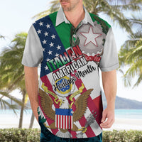 Mens white Hawaiian shirt with American-Italian heritage print, green collar, short sleeves