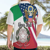 Mens white Hawaiian shirt back with Italian flag and eagle crest, short sleeves