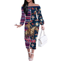 Custom Texas Christmas Off The Shoulder Long Sleeve Dress Cowboy With Santa Claus In Space - Wonder Print Shop
