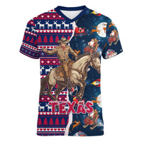 Custom Texas Christmas Women V Neck T Shirt Cowboy With Santa Claus In Space - Wonder Print Shop