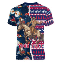 Custom Texas Christmas Women V Neck T Shirt Cowboy With Santa Claus In Space - Wonder Print Shop