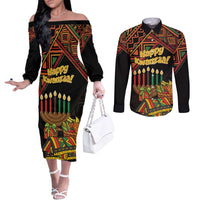 Personalized African Happy Kwanzaa Couples Matching Off The Shoulder Long Sleeve Dress and Long Sleeve Button Shirt