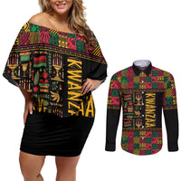 Kwanzaa African Pattern Couples Matching Off Shoulder Short Dress and Long Sleeve Button Shirt - Wonder Print Shop