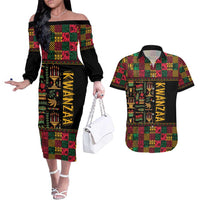 Kwanzaa African Pattern Couples Matching Off The Shoulder Long Sleeve Dress and Hawaiian Shirt - Wonder Print Shop