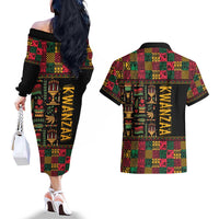 Kwanzaa African Pattern Couples Matching Off The Shoulder Long Sleeve Dress and Hawaiian Shirt - Wonder Print Shop