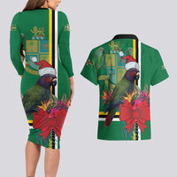 Dominica Christmas Coquette Bow Couples Matching Long Sleeve Bodycon Dress and Hawaiian Shirt Sisserou Parrot Tropical Flower - Wonder Print Shop