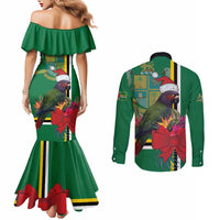 Dominica Christmas Coquette Bow Couples Matching Mermaid Dress and Long Sleeve Button Shirt Sisserou Parrot Tropical Flower