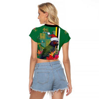 Dominica Christmas Coquette Bow Raglan Cropped T Shirt Sisserou Parrot Tropical Flower - Wonder Print Shop