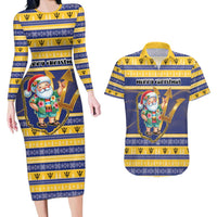 Personalized Barbados Christmas Couples Matching Long Sleeve Bodycon Dress and Hawaiian Shirt Bajan Map Santa Trident - Wonder Print Shop