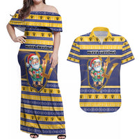 Personalized Barbados Christmas Couples Matching Off Shoulder Maxi Dress and Hawaiian Shirt Bajan Map Santa Trident - Wonder Print Shop