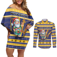 Personalized Barbados Christmas Couples Matching Off Shoulder Short Dress and Long Sleeve Button Shirt Bajan Map Santa Trident - Wonder Print Shop