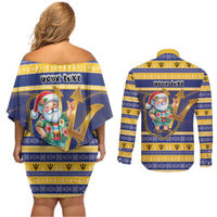 Personalized Barbados Christmas Couples Matching Off Shoulder Short Dress and Long Sleeve Button Shirt Bajan Map Santa Trident - Wonder Print Shop
