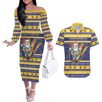 Personalized Barbados Christmas Couples Matching Off The Shoulder Long Sleeve Dress and Hawaiian Shirt Bajan Map Santa Trident - Wonder Print Shop