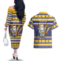 Personalized Barbados Christmas Couples Matching Off The Shoulder Long Sleeve Dress and Hawaiian Shirt Bajan Map Santa Trident - Wonder Print Shop