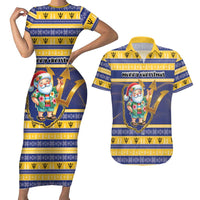 Personalized Barbados Christmas Couples Matching Short Sleeve Bodycon Dress and Hawaiian Shirt Bajan Map Santa Trident - Wonder Print Shop