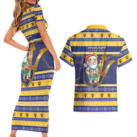 Personalized Barbados Christmas Couples Matching Short Sleeve Bodycon Dress and Hawaiian Shirt Bajan Map Santa Trident - Wonder Print Shop