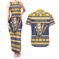 Personalized Barbados Christmas Couples Matching Tank Maxi Dress and Hawaiian Shirt Bajan Map Santa Trident - Wonder Print Shop