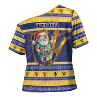Personalized Barbados Christmas Cross Shoulder Shirt Bajan Map Santa Trident - Wonder Print Shop