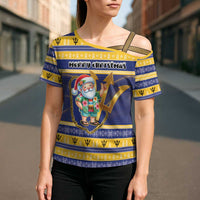 Personalized Barbados Christmas Cross Shoulder Shirt Bajan Map Santa Trident - Wonder Print Shop