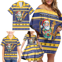 Personalized Barbados Christmas Family Matching Off Shoulder Short Dress and Hawaiian Shirt Bajan Map Santa Trident - Wonder Print Shop