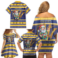 Personalized Barbados Christmas Family Matching Off Shoulder Short Dress and Hawaiian Shirt Bajan Map Santa Trident - Wonder Print Shop
