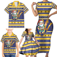 Personalized Barbados Christmas Family Matching Short Sleeve Bodycon Dress and Hawaiian Shirt Bajan Map Santa Trident - Wonder Print Shop