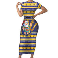 Personalized Barbados Christmas Family Matching Short Sleeve Bodycon Dress and Hawaiian Shirt Bajan Map Santa Trident - Wonder Print Shop