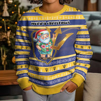 Personalized Barbados Christmas Kid Ugly Christmas Sweater Bajan Map Santa Trident - Wonder Print Shop