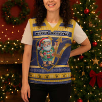 Personalized Barbados Christmas Knitted V-Neck Vest Bajan Map Santa Trident - Wonder Print Shop