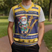 Personalized Barbados Christmas Knitted V-Neck Vest Bajan Map Santa Trident - Wonder Print Shop