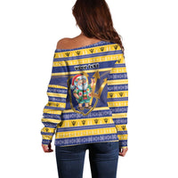 Personalized Barbados Christmas Off Shoulder Sweater Bajan Map Santa Trident - Wonder Print Shop