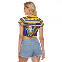 Personalized Barbados Christmas Raglan Cropped T Shirt Bajan Map Santa Trident - Wonder Print Shop