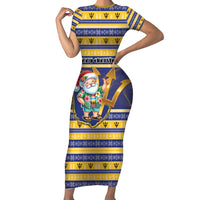 Personalized Barbados Christmas Short Sleeve Bodycon Dress Bajan Map Santa Trident - Wonder Print Shop