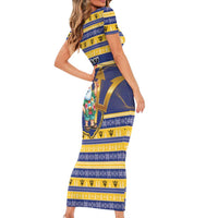 Personalized Barbados Christmas Short Sleeve Bodycon Dress Bajan Map Santa Trident - Wonder Print Shop