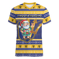 Personalized Barbados Christmas Women V-Neck T-Shirt Bajan Map Santa Trident - Wonder Print Shop