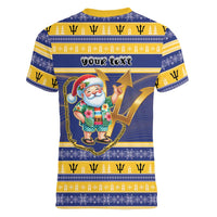 Personalized Barbados Christmas Women V-Neck T-Shirt Bajan Map Santa Trident - Wonder Print Shop