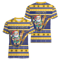 Personalized Barbados Christmas Women V-Neck T-Shirt Bajan Map Santa Trident - Wonder Print Shop