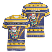 Personalized Barbados Christmas Women V-Neck T-Shirt Bajan Map Santa Trident - Wonder Print Shop