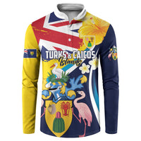 Personalised Turks and Caicos Islands Button Sweatshirt Coat Of Arms Tropical Flowers