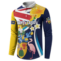 Personalised Turks and Caicos Islands Button Sweatshirt Coat Of Arms Tropical Flowers