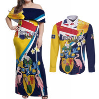 Personalised Turks and Caicos Islands Couples Matching Off Shoulder Maxi Dress and Long Sleeve Button Shirt Coat Of Arms Tropical Flowers