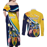 Personalised Turks and Caicos Islands Couples Matching Off Shoulder Maxi Dress and Long Sleeve Button Shirt Coat Of Arms Tropical Flowers