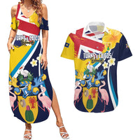 Personalised Turks and Caicos Islands Couples Matching Summer Maxi Dress and Hawaiian Shirt Coat Of Arms Tropical Flowers