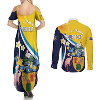 Personalised Turks and Caicos Islands Couples Matching Summer Maxi Dress and Long Sleeve Button Shirt Coat Of Arms Tropical Flowers