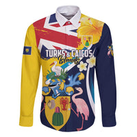 Personalised Turks and Caicos Islands Family Matching Long Sleeve Bodycon Dress and Hawaiian Shirt Coat Of Arms Tropical Flowers
