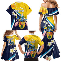 Personalised Turks and Caicos Islands Family Matching Mermaid Dress and Hawaiian Shirt Coat Of Arms Tropical Flowers