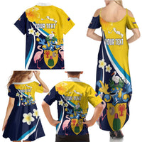 Personalised Turks and Caicos Islands Family Matching Summer Maxi Dress and Hawaiian Shirt Coat Of Arms Tropical Flowers