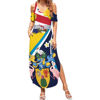 Personalised Turks and Caicos Islands Family Matching Summer Maxi Dress and Hawaiian Shirt Coat Of Arms Tropical Flowers