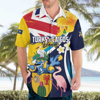 Personalised Turks and Caicos Islands Hawaiian Shirt Coat Of Arms Tropical Flowers