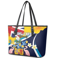 Turks and Caicos Islands Leather Tote Bag Coat Of Arms Tropical Flowers